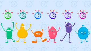 Common Sense Media colorful digital citizens: green Arms, yellow Guts character, orange Feet character, pink Heart character, purple Legs character, and blue Head character, all excitedly standing with arms up in the air.