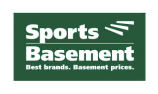 Sports basement logo of green rectangle with white sports basement words