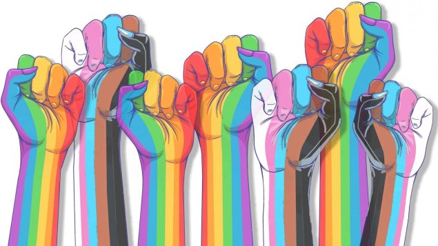 Fists raised in queer flag colors