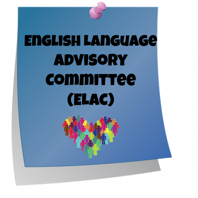 Blue post it with "English Language Advisory Committee (ELAC)" written in black letter. colorful heart below 