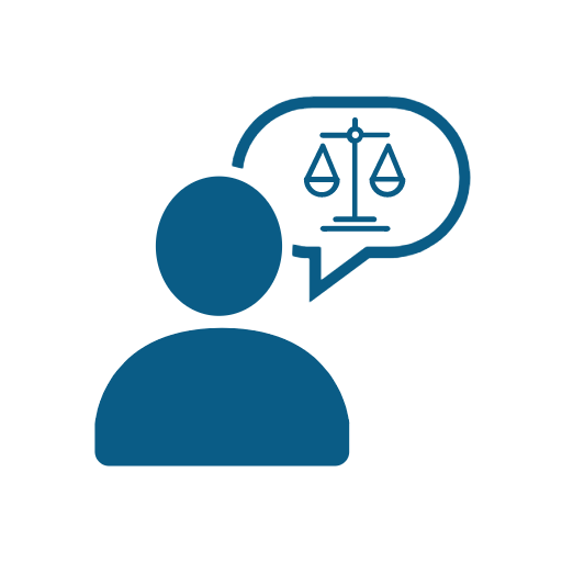 Icon of person with legal scales in a speech bubble