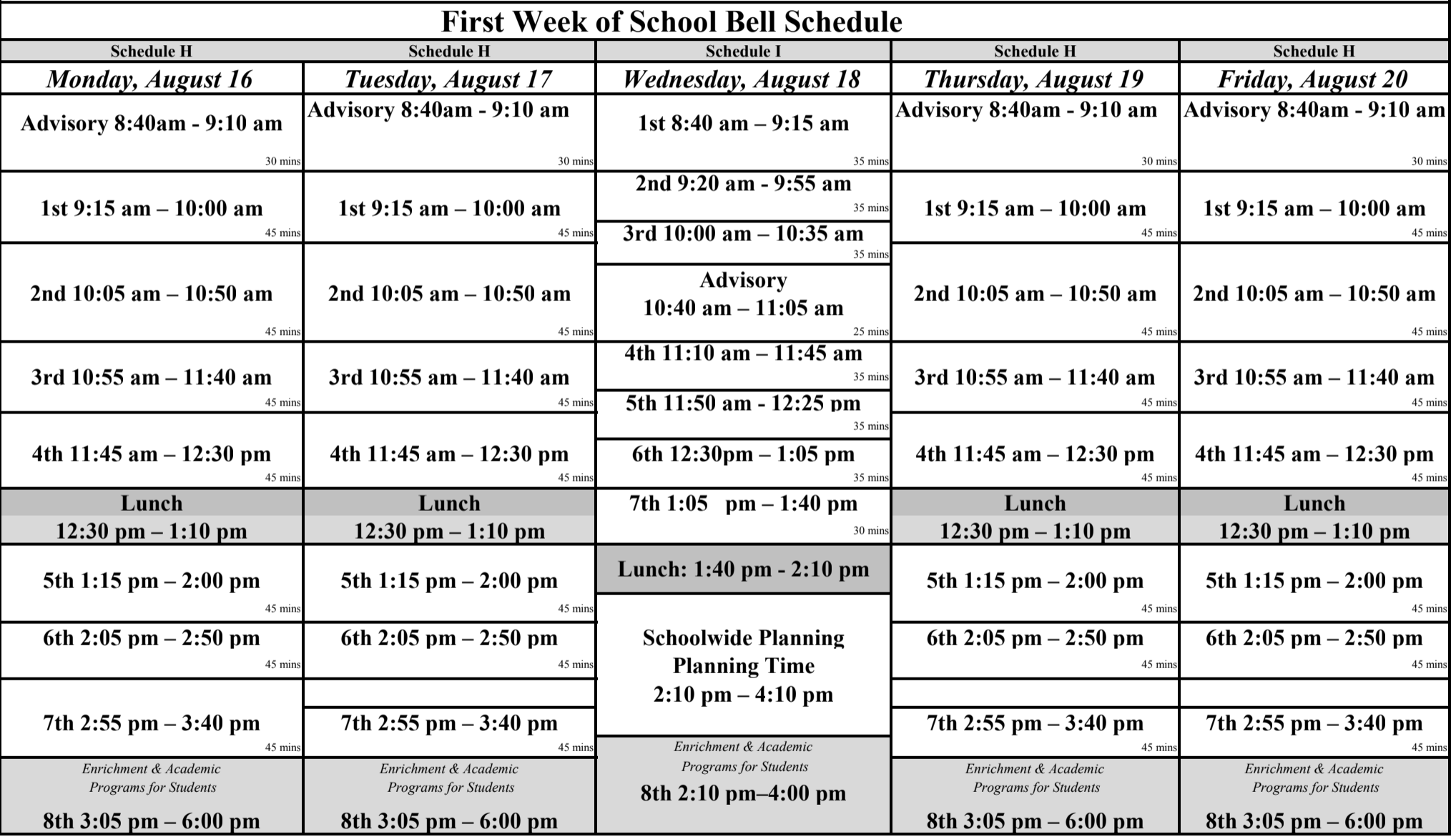 Bell Schedule | SFUSD