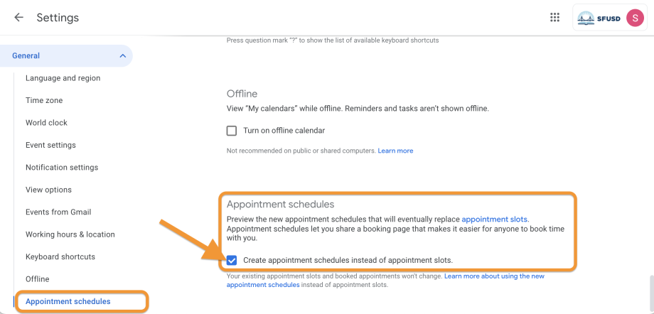 Screenshot of Google Calendar settings