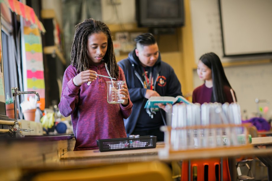 High school students in chemistry lab