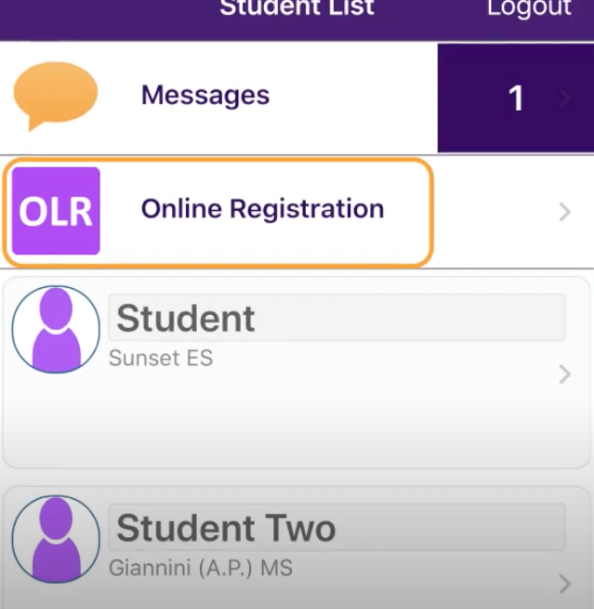 Screen shot of ParentVUE app selecting Online Registration 
