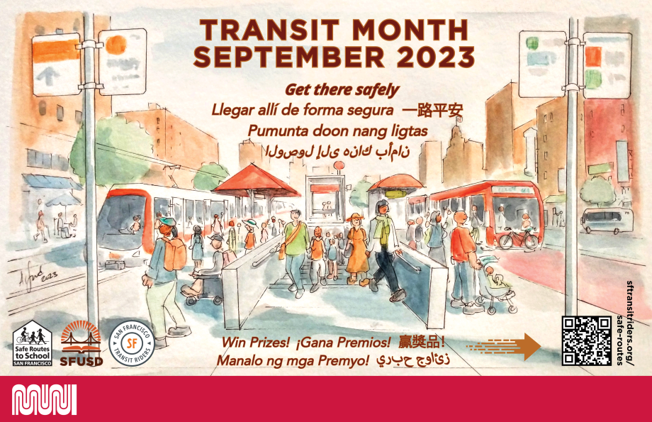 Transit Month September 2023 website banner with the slogan "Get there safely" in English, Chinese, Vietnamese, Tagolog, Spanish, and Arabic.