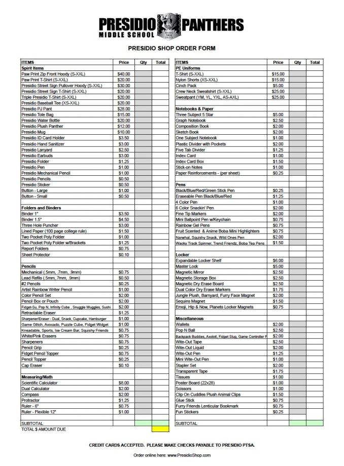 Presidio Shop Order Form