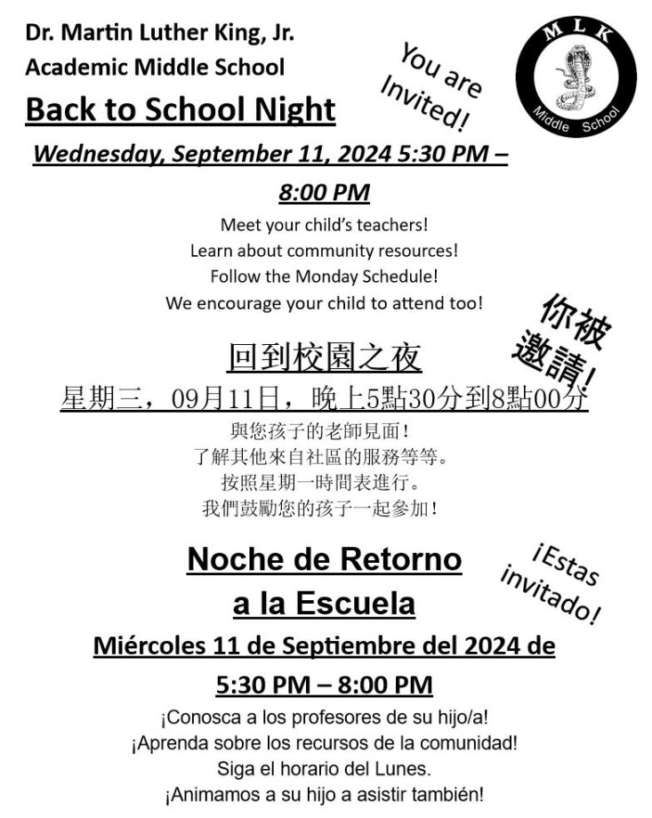 MLK MS Back to School Night Flyer Updated 2024