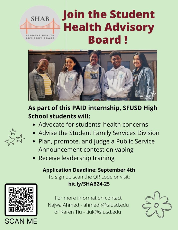 image of s flyer for students to join the Student Health Advisory Board. There is a link to the application and a QR code with images of high school students.