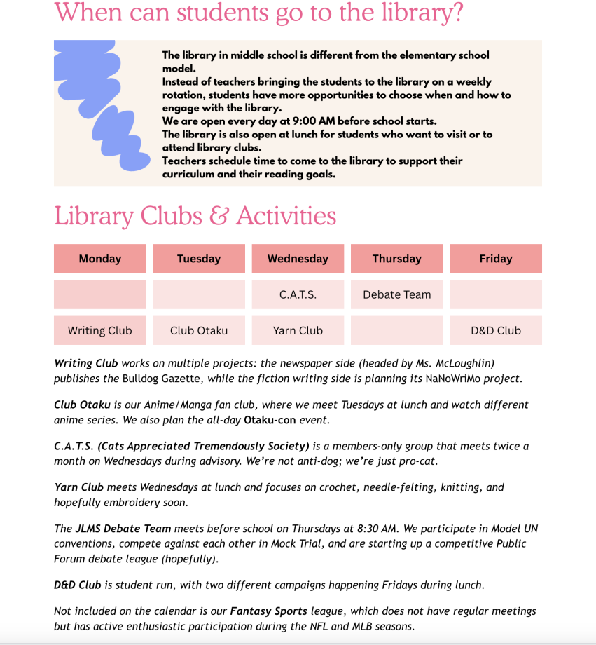 info about clubs and library access