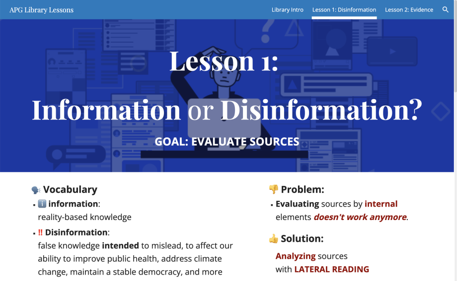 Top of webs page screen shot of APG's Disinformation Lesson