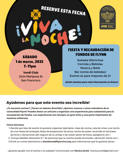 Viva La noche- recaudacion de fondos de Flynn, Marzo 1. 7-11pm