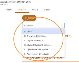 Image of Google Classroom Topic dropdown menu from the Classwork tab