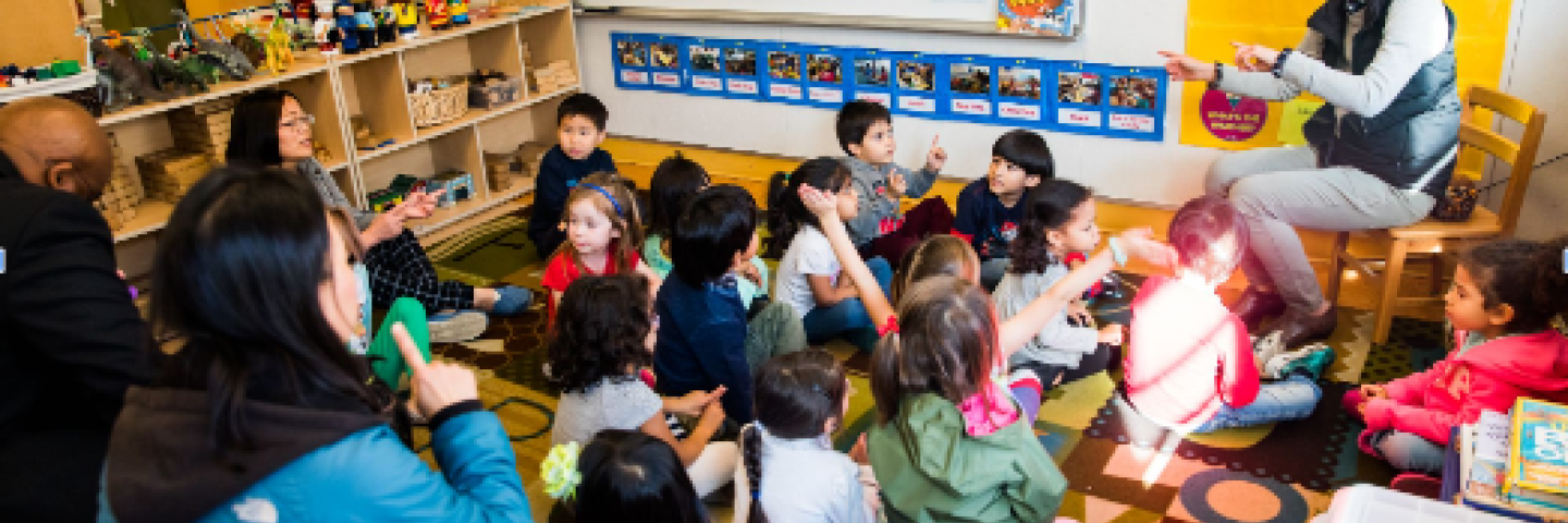 Students listening to teacher in a Transitional Kindergarten classroom 