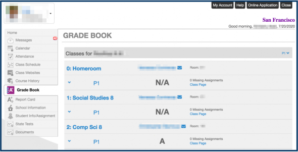 View of ParentVUE - Gradebook