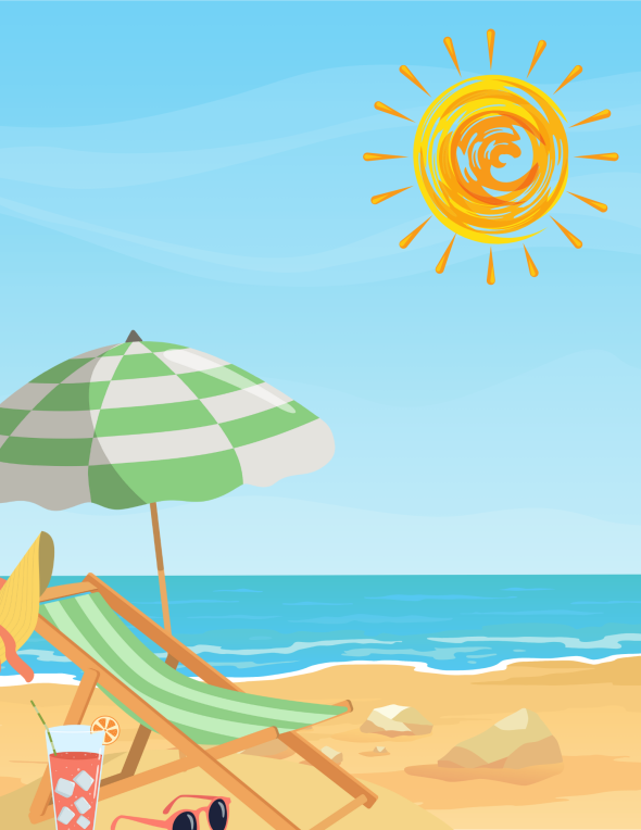 Image of a beach, sun on top right corner, summer chair, cold drink and bright blue sky