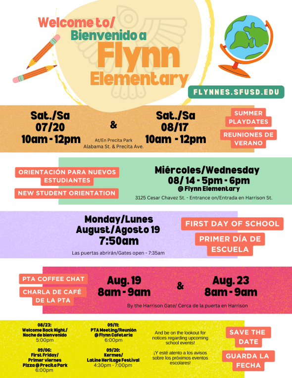Flyer with upcoming school events. For specific event details, email Lrflynnsf@gmail.com