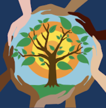 Different shades of hands holding a round blue sphere with a tree at the center