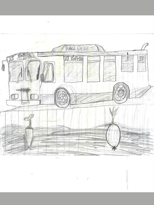 Student Art: Farm bus with fruits and veggies