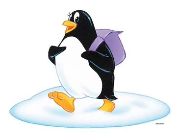 A penguin is carrying a purple backpack while strolling on ice. 