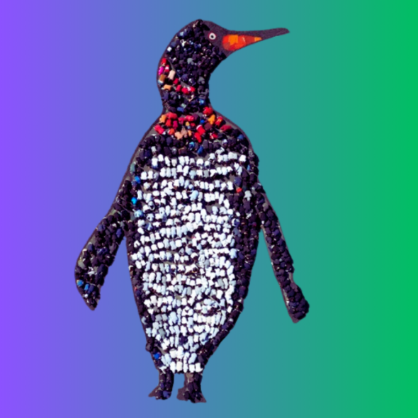 A penguin art piece created by students with a purple to green ombre background