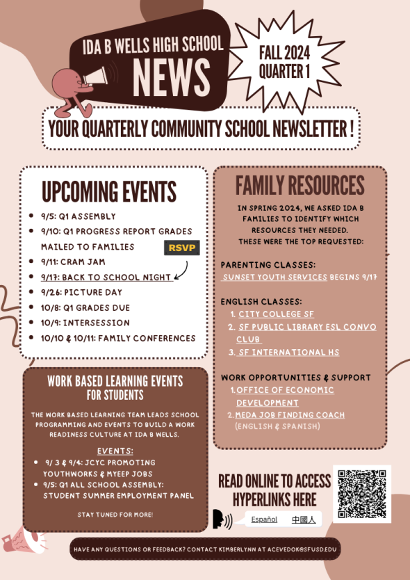 Image of 1 page newsletter with upcoming events, work based learning updates, and family resources.