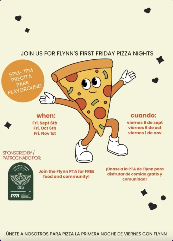 Event flyer: First Friday Pizza - 10/4 5:00-7:00pm at Precita Park