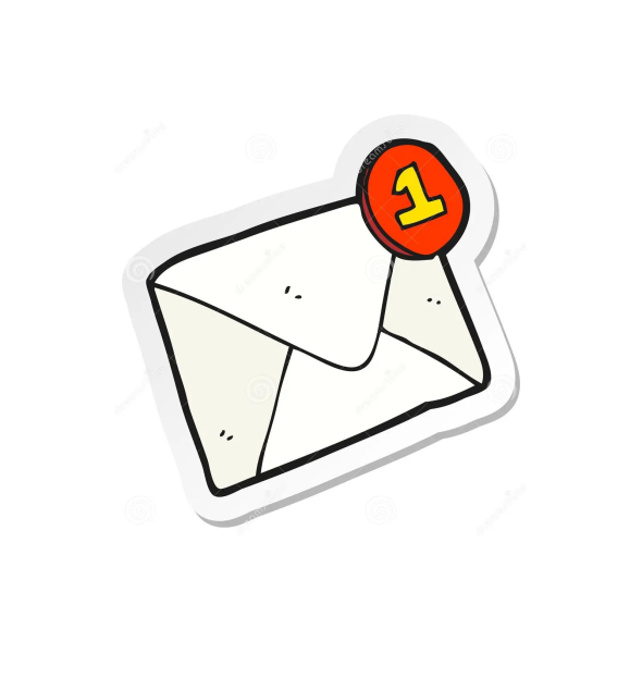 A white envelope with a red circle on the top right corner. Inside the circle is a yellow 1