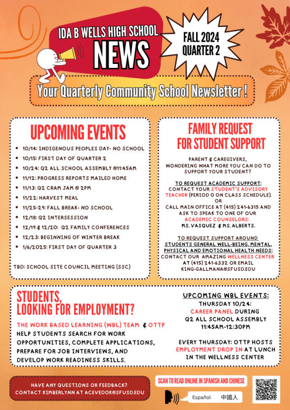 Autumn themed newsletter in Orange, yellow, and red. Content includes upcoming events, family request for student support, and info for students looking for employment. 