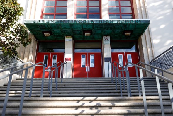 Abraham Lincoln High Schools' front steps.