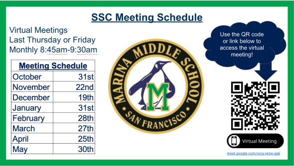 An image with the SSC meeting schedule, Marina logo in the middle and a QR code on the right