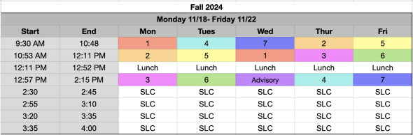 Bell schedule for SLC week November 18-22