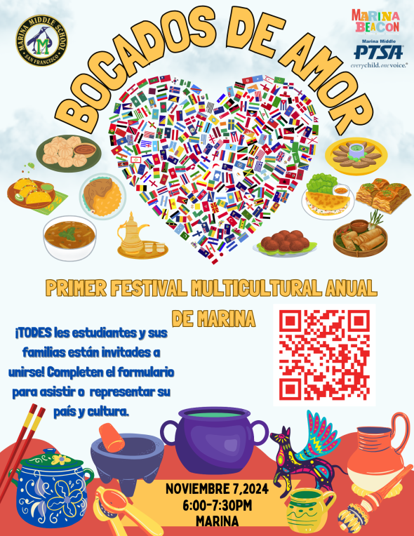 Flyer in Spanish with images of cultural food and items