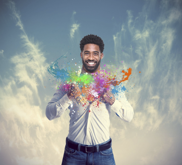 Image of an African American man with a rainbow of color bursting from his chest