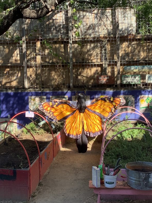 Student with butterfly wings in garden