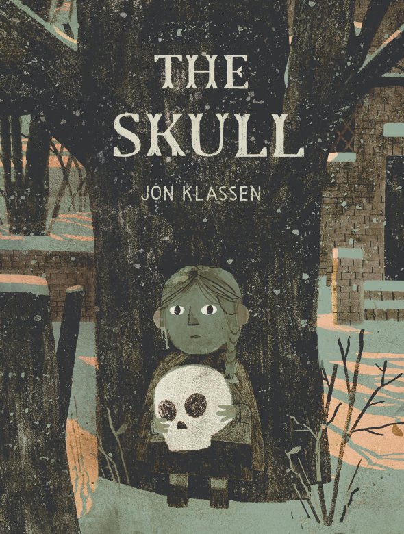 A little girl crouches behind a tree, holding a skull, with the title of the book written above her