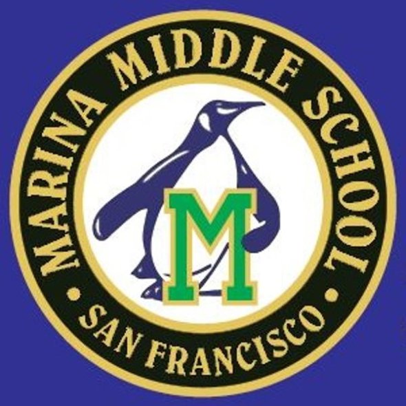 Marina logo with a penguin holding a green M in the middle of a circle that says Marina Middle School San Francisco with a blue background