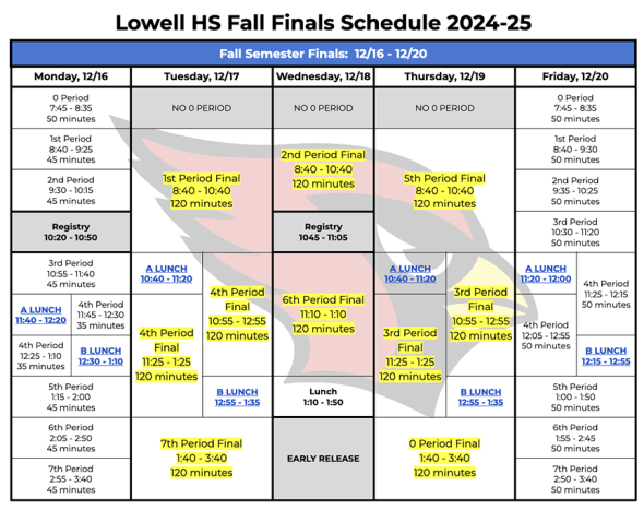 Image of Fall Finals schedule the week starting 12/16