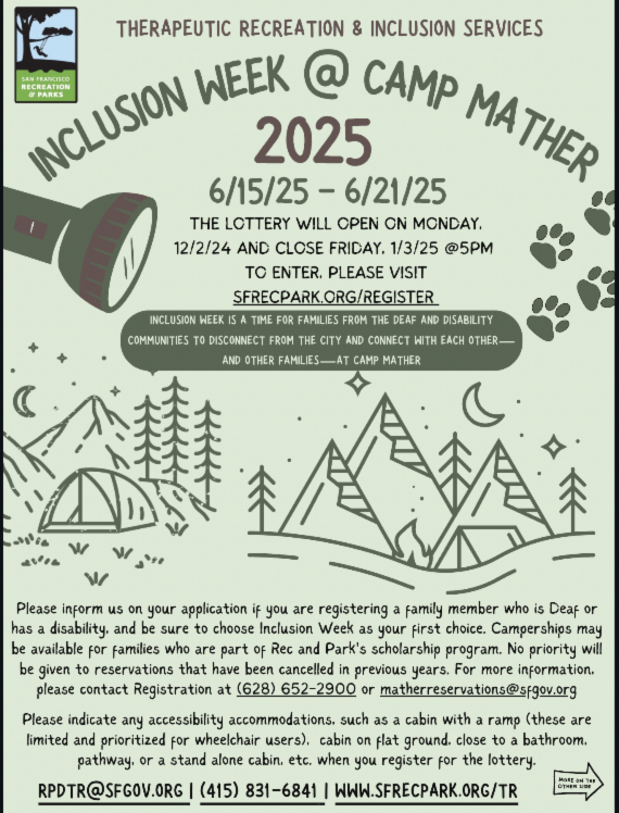 A green promotional flyer for inclusion week at Camp Mather from 6/15 to 6/21/25