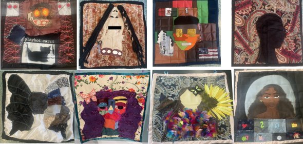 8 student made quilt self-portraits