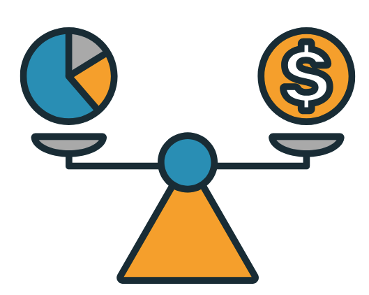 Pie chart and $ sign on opposite ends of a scale. 