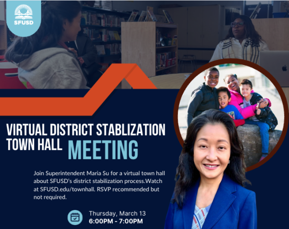 Photo of Dr. Maria Su and students in a virtual district stabilization town hall meeting flier