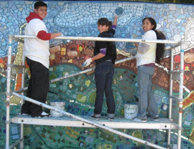Students working on a mosaic