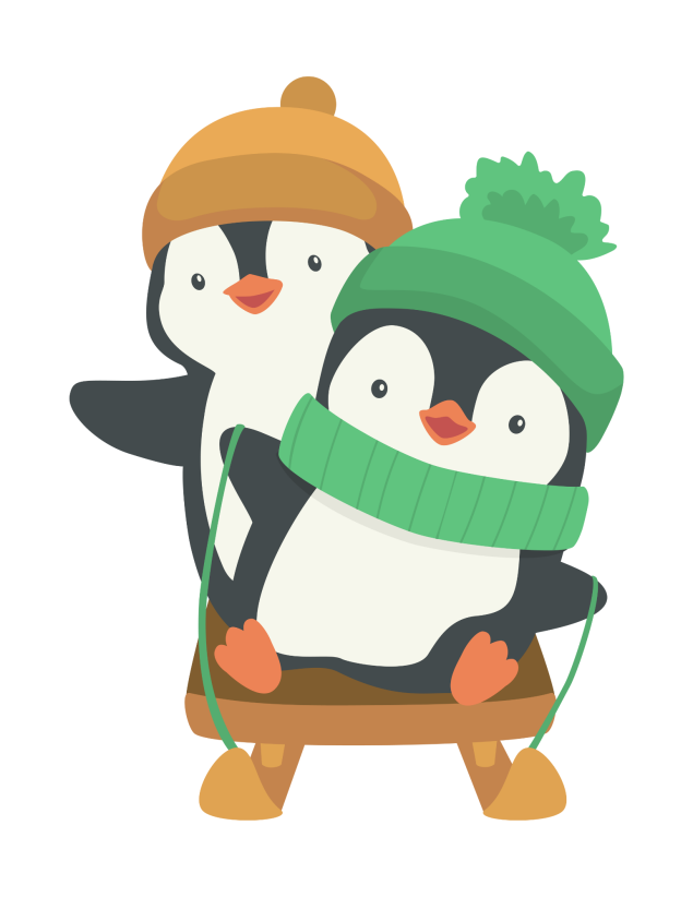 Two penguins with beanies & scarfs on a snow sled happily waving!