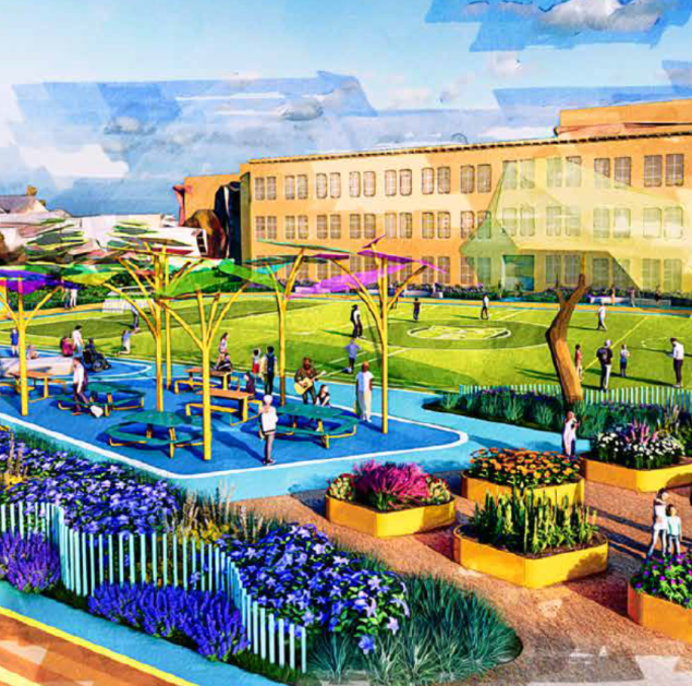 Illustration of green schoolyard at Everett Middle School