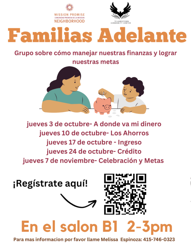 QR code to register for Familias Adelante. An illustration of a woman and a child putting money in a piggy bank. Workshop in room B1 from 2 to 3 pm.