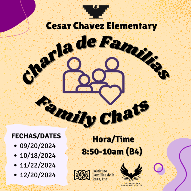 Dates for family chats at Cesar Chavez Elementary school. Outline image of a family together.